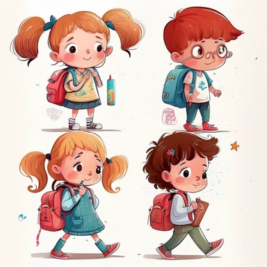 adorable children are going to the school, clipart set, children's magazine illustration