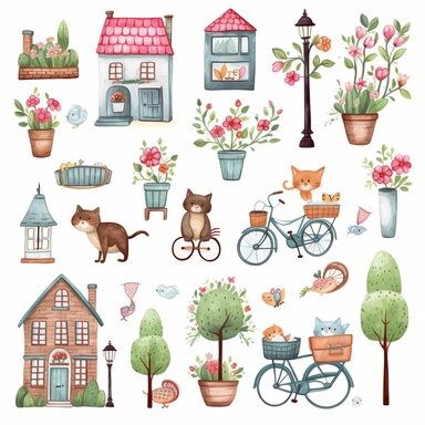 cute small houses, garden flowers and trees,cat, dog,bench, flower pots, fench,bycycle, house keys,postbox,birds,cute bettle car,outdoor lamps cliparts in hand drawn vector illustration on white background.