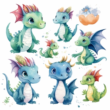 Dragons watercolor clipart, cute dragon PNG, nursery wall art, boys clipart, kids party, baby shower, white background