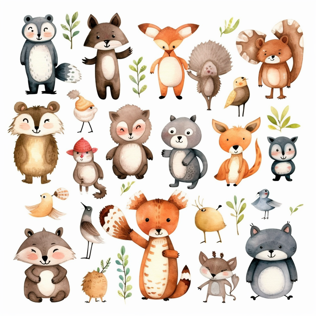 pixar style, Happy, cute, fluffy, forest animals, woodland creatures ...