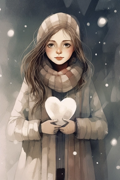 a picture of a girl in winter holding a heart, in the style of quirky character designs, silver and beige, angelcore, ink-washed, scrapbook, argus c3, character, clipart