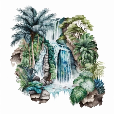 watercolor perfect detailed complicated tropical waterfall clipart with white background realistic colors, white background