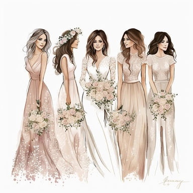 Best Friends wedding Fashion Illustration Clipart, high resoulution format,bride and bridesmaids png file