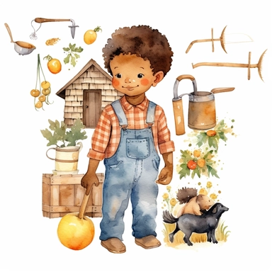 watercolor farm cute african american boy clipart white background
