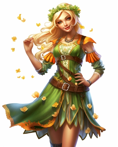 a beautiful elf maiden, spring clothes, clipart illustration, crisp clear colors, photorealistic, happy, beautiful,cute, ultra detailed, on white background--no cut off