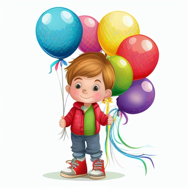 clipart cute and happy little boy holding 3 stringed balloons of different colors full body transparent background
