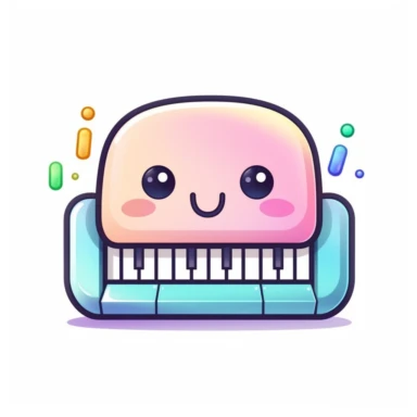 Cute clipart icon of musical keyboard, kawaii, anime style, in white background, soft color blending, rounded