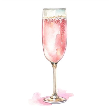 watercolor very detailed tall champagne flute filled with blushing bride champagne cocktail wedding drink clipart, on a white background