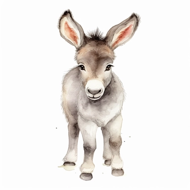 a graceful baby donkey with kind eyes clipart with watercolor illustration,full body shot,8k,etsy style, white background
