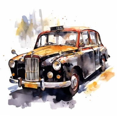 a United Kingdom Black Cab in the style of watercolour clipart with detailed brush strokes