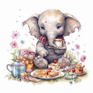 highly detailed, clip art, watercolor art, high definition,cute happy Baby Elephant Sublimation Clipart on picnic with food and spring flowers, white background, art