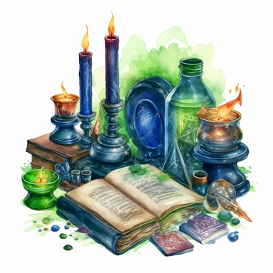a wizzard study space with scrolls, candles, books, magical items, potions, watercolor, clipart, airbrush art, scientific illustrations, realistic color schemes, intense green and dark blue colors, white background