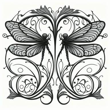 symmetrical dragonfly style fairy wings in art nouveau style, black lines, detailed, flat design, flat flowers embedded into the wings, white background, clipart style, black and white,