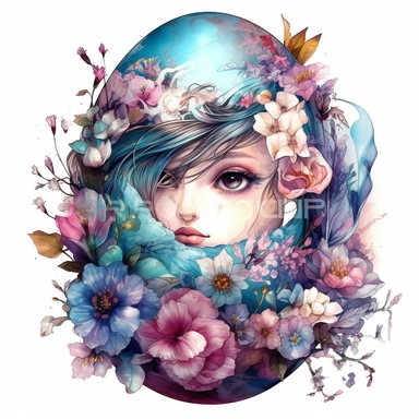 image only egg with many different kinds of flowers, in the style of yuumei, tattoo inspired, light magenta and blue, spectacular backdrops, opulent fabrics, snailcore, high resolution, white background, clipart