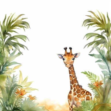 page border of a cute baby giraffe standing at the jungle, clipart, white background, page border style, watercolor--q2--v5.1--s1000
