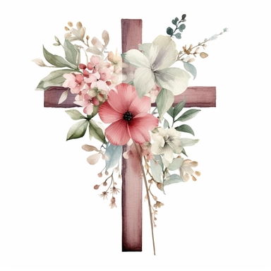 wooden cross, dusty blushing and pastel raspberry botanical wild flowers, sage green eucalyptus, clipart, watercolor, white background