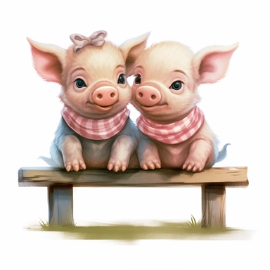 2 cute and fluffy baby pigs sitting on a bench, disney style, clipart on white background, no shading
