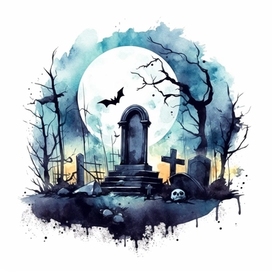 halloween graveyard, watercolor, clipart, white background, grotesque, sketchfab, under the moonlight, eerie color scheme, dark scary colors, closeup