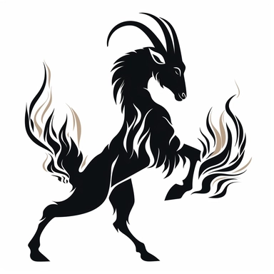 entire body dancing fire alpine goat. grinning. screaming. 4 legs. thrashing tail. profile view. black only, flat image, no shadows, no depth. black and white only. tribal animal clipart, laser cut design, white background, black cutout design