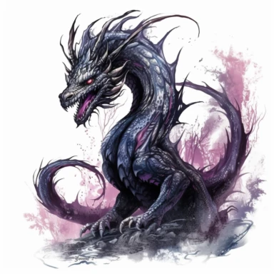 stuningly beautifull dangerous expressive looking shimmering black and violet wind dragon WITH HIGH DETAILED EYES with a fixing stare head an curved long neck looking in the camera with wind howling around its body , shimmering dust , magical glow, clipart, fantasy clipart watercolor fairytale dragon art watercolor art in front of a hills highly detailed uplight 8k in front of white background , WHITE BACKGROUND