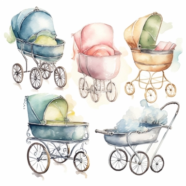 Generate a watercolor clipart series of classic baby items, such as prams, bassinets, and mobiles. The colors should be soft and soothing, with lots of pale blues, pinks, and yellows. The images should be detailed and sophisticated, with clean lines and refined details, white background