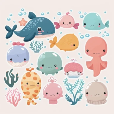 kawaii marine animals clipart on white background, vector, make them cute and cuddly
