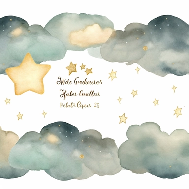 watercolor and gold glitter clouds and stars clipart, free margins