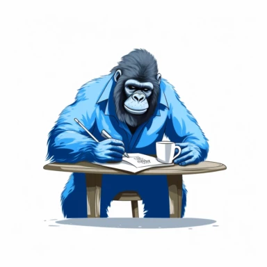 a simple gorilla writing a letter with a cup of coffee in a square design, 2d flat illustration, clipart, two-color blue and silver, isolated on a white background