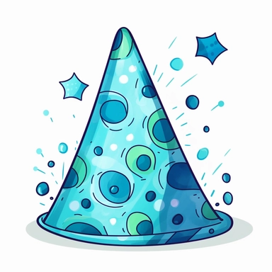 a birthday hat kawaii clipart with polka dots on it, in the style of turquoise and azure, absurd doodle, primary colors, caricature-like, rough edges, collaborative, marbleized