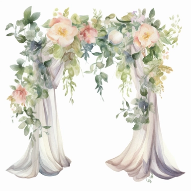 Watercolor Wedding Arch Clipart, decorative peony vines, ivy, covered in april flowers blooming garland, cream and natural colors, sheer drapes, silk, spring, floral, flowers, white background, no text, no fonts