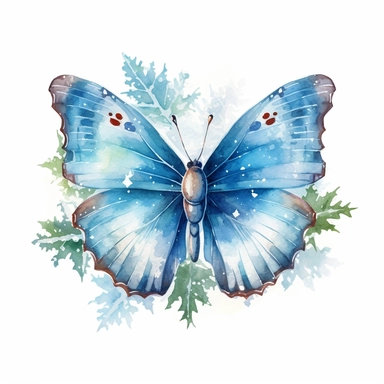 Clipart of winter butterfly in the style of watercolour, paint washes, glitter core, individual