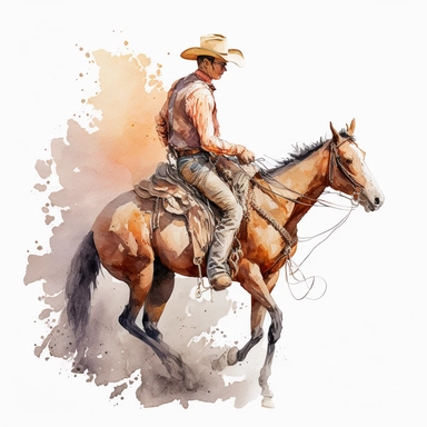 watercolour and pencil full body drawing of a cowboy on his horse, working hard, tough face, dynamic pose, beautiful watercolor ink wash coloring, thick pencil lines, watercolor illustrations clipart, watercolor illlustrations, plain white background