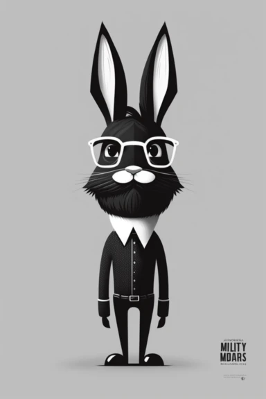 minimalistic pixar style clipart, minimalistic nordic style clipart, anthro hipster rabbit with mustache, minimalistic black and white color palette,