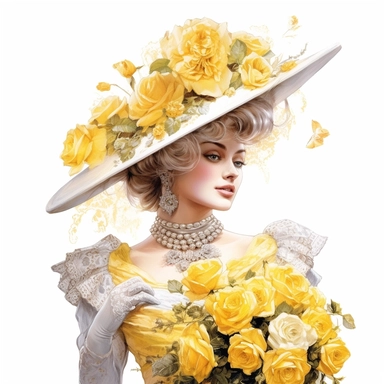 A Victorian lady in a resplendent white ensemble featuring intricate yellow roses, her hat adorned with a bouquet of yellow blossoms. Her magnetic gaze and poised demeanor captivate the viewer, showcasing the beauty and allure of Victorian style. Against a white background, the intricate details of her attire, including the intricate rose patterns and the beautifully crafted hat, are depicted with meticulous precision and lifelike realism. Clipart, watercolor, white background, intricate detail,