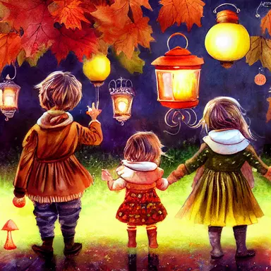 children in autumn clothes on a lantern parade, toadstools, waldorf, martinmas, chalk, watercolor, clipart, white background, cartoon