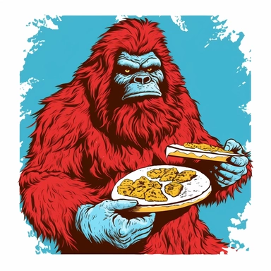 sasquatch clipart holding pizza, eating huge pizza, one color design, screenprint