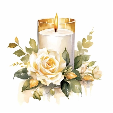 watercolor, white background, clipart, watercolor, white background, ultra-realistic and hyper-detailed clipart beautiful cozy candle with white roses, white and rich gold hues