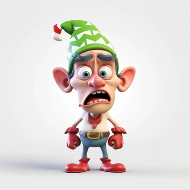 clipart of a crazy christmas elf, there is a funny face on it, cartoon, for kids, funny, pixar, 8k, white background, sharp focus, detailed,