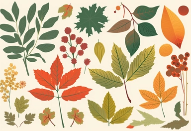 autumn leaves, tree, maple leaves, autumn clip art, autumn, stock image, in the style of flat illustrations, detailed background elements, 3840x2160, 20th century scandinavian style, nature morte, red and green, whimsical cartoon-style