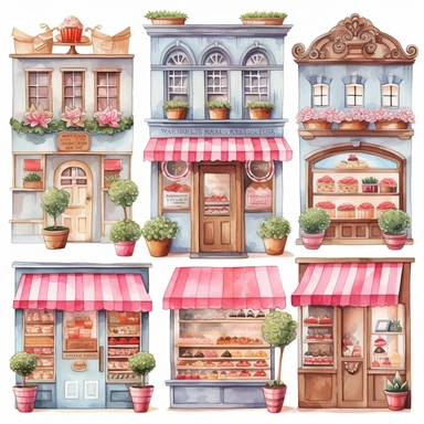 Watercolor Bakery Storefronts Clipart - cute bakery shop