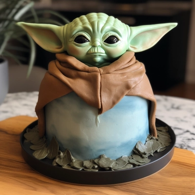Base Cake Design: Start with a round or rectangular cake as the base. You can choose the size depending on your preference and the number of servings needed. Frost the cake with a smooth layer of green buttercream or fondant to represent the color of Baby Yoda's skin. Baby Yoda Topper: Use a smiling Baby Yoda clipart image as a reference for creating a fondant or gum paste topper. Roll out green fondant or gum paste and shape it into a miniature Baby Yoda figure. Sculpt the head, large round eye