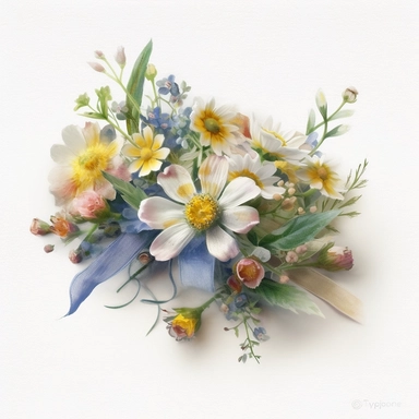 a simple gorgeous wildflowers and flowers corsage with ribbon and greenery on white background clipart, pastel pink, blue, and yellow color theme, watercolor painting realistic, high quality, vibrant, Vicente Romero Redondo, Willem van Aelst, Elsa Beskow