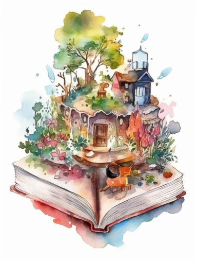 Watercolor clipart with white background, open book, magical fantasy kingdom, secret garden, flat design, clearly defined, high quality clipart