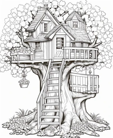 Coloring page for children, outlines only, no colors, black outlines, simple whimsical fantasy fairy tree house in a magical world setting, flowers, realistic stairs, cottagecore, clear picture, clear lines, entire illustration with white space around, clipart