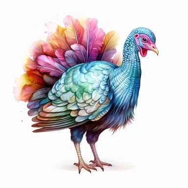 Thanksgiving turkey clipart, centered, white background, image only style by Lucy Fleming, watercolor, smooth gradients, black contour outline, ultra detailed, clipart elements, delicate pastel colors, solid white background, super clear, high quality