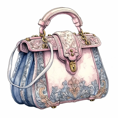 vintage style Detailed light and shadow, 2D outline, A beautifully patterned neo rococo Victorian baroque hyper realistic hand bag in varying hues of pale pink, blue and yellow, stunningly beautiful, refined and sophisticated, Hand drawn, cicely mary barker ,realistic watercolor, Clipart, emotionally pleasing watercolor, i can't believe how beatiful this is,accurate detailed line art, white background, intricate detail, clean line art, saturated fantasy watercolor