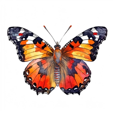 Painted Lady Butterfly, clipart, various colors (brown, orange, black), watercolor style, solid white background