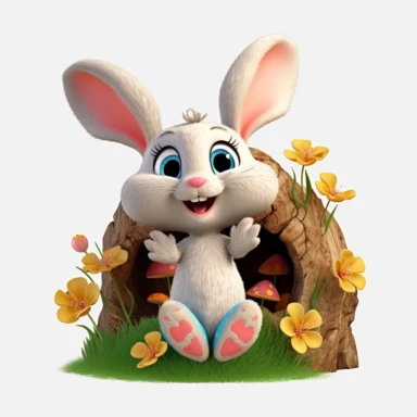 adorable bunny with bright eyes, with cute paw pads and a curious expression. peeking out from a cozy hollow in a tree trunk, surrounded by moss, mushrooms, butterflies flying around, Fairytale Cartoon Art Style, Full Body Image and Appearance, 3D-Designed Character, in style of clipart with no background
