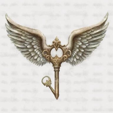 watercolor, hyperealistic old key with wings, harry potter clipart, white background, 500 DPI