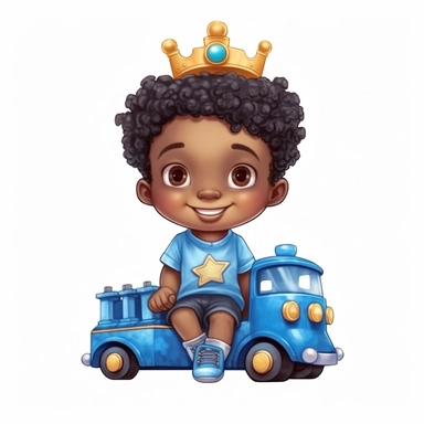 seameless isolated blue crown plush blue toy train, african- american boy happy illustrations clipart crisp white background